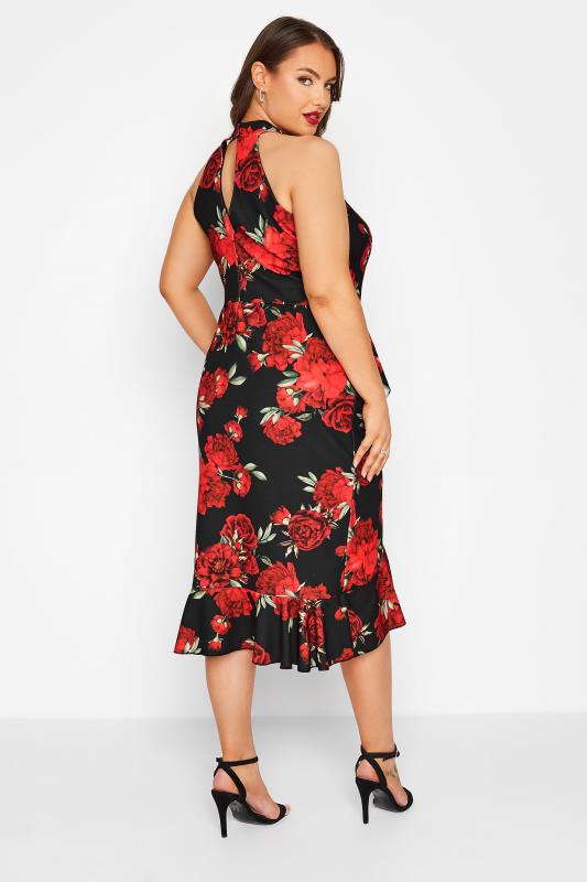 YOURS LONDON Plus Size Red & Black Floral Ruffle Bodycon Wrap Dress | Yours Clothing 3