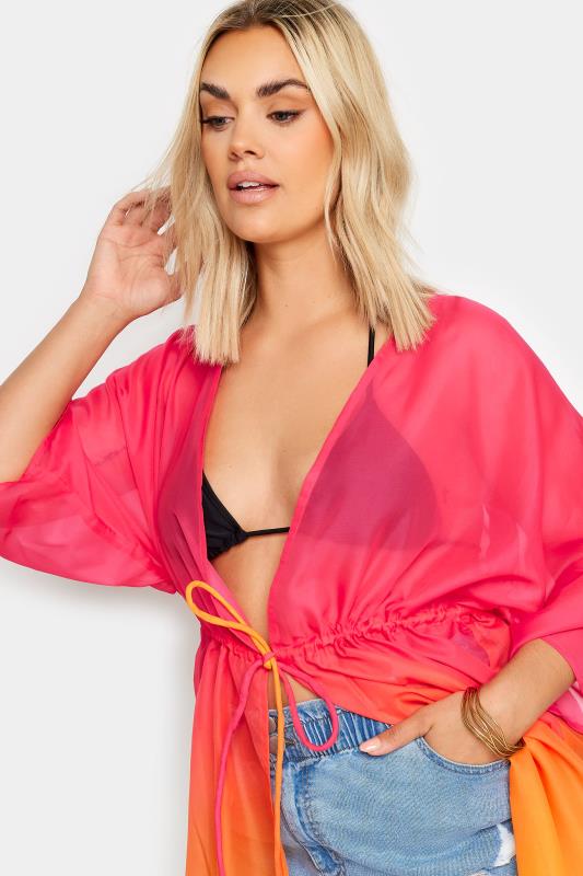 YOURS Plus Size Pink & Orange Ombre Tie Front Kimono | Yours Clothing 4