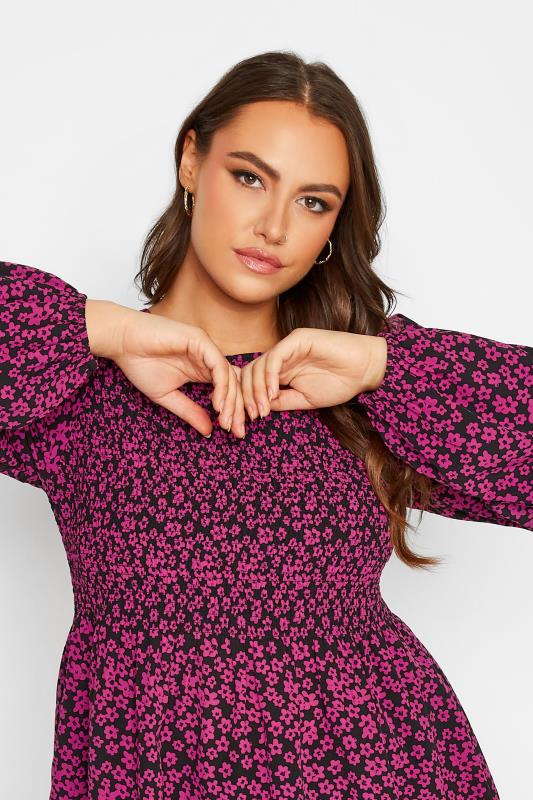 Plus Size Pink Floral Print Balloon Sleeve Shirred Top | Yours Clothing 4