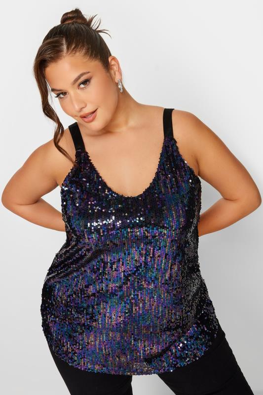 YOURS LONDON Plus Size Black Sequin Embellished Cami Top | Yours Clothing 2