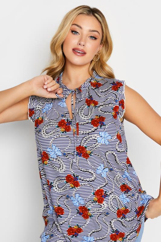 YOURS Plus Size Blue Floral Stripe Print Frill Sleeve Blouse | Yours Clothing 4