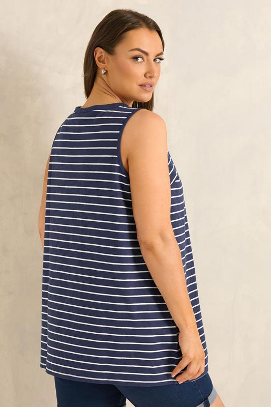 EVANS Plus Size Navy Blue Stripe Cotton Henley Vest Top | Evans 2