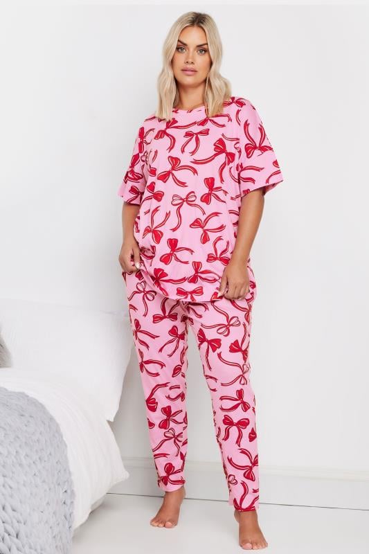 YOURS Plus Size Pink Bow Print Tapered Pyjama Set | Yours Clothing 3