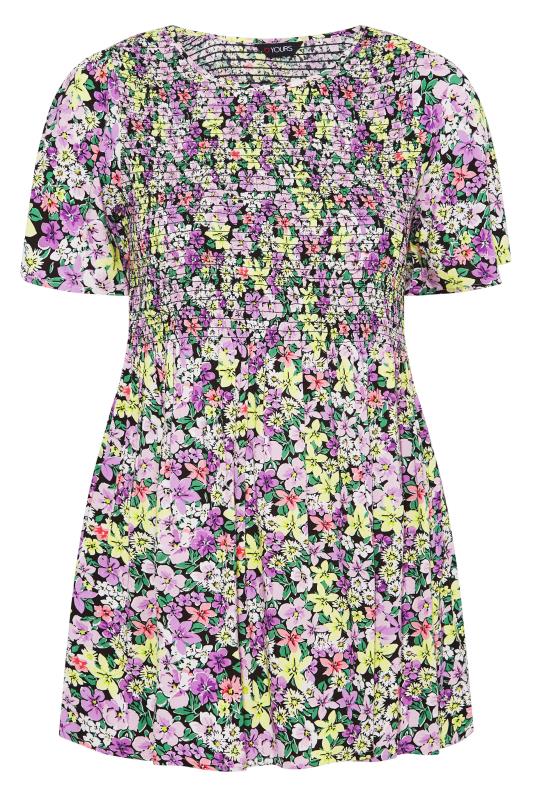 Plus Size Black & Purple Floral Print Shirred Smock Top | Yours Clothing  6