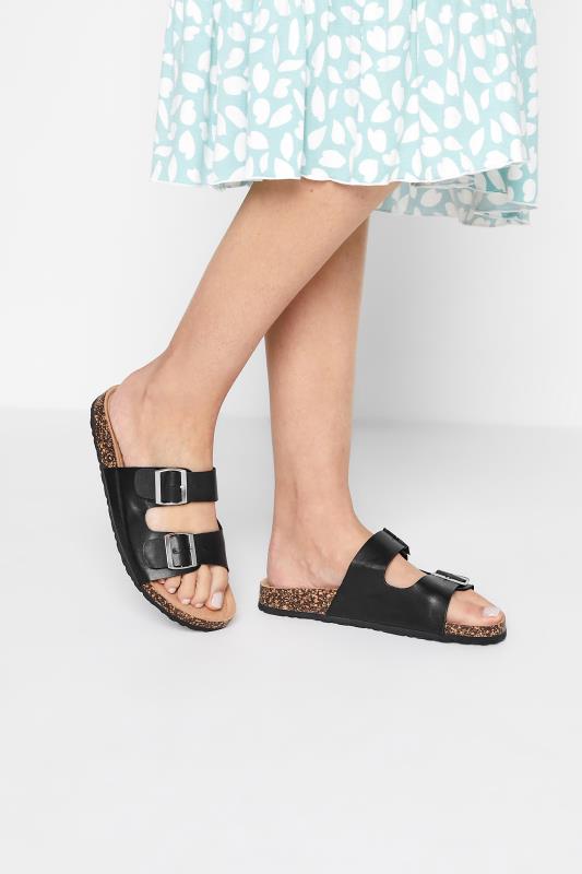 LTS Black Buckle Strap Footbed Sandals In Standard Fit | Long Tall Sally 1