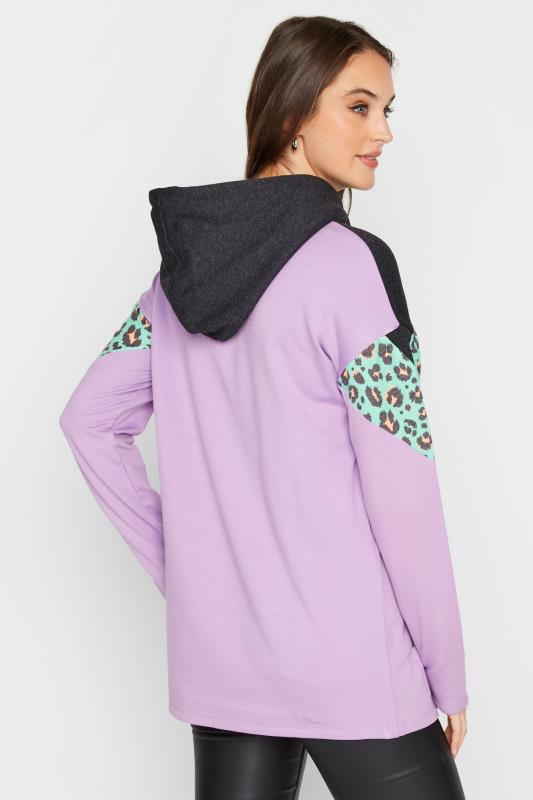 LTS Tall Women's Grey & Purple Leopard Print Colour Block Hoodie | Long Tall Sally 3