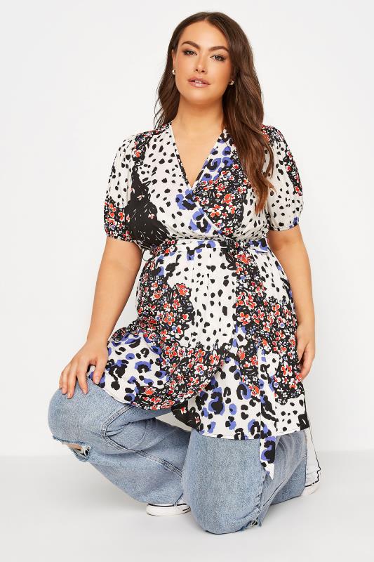 Plus Size Black Mixed Print Puff Sleeve Wrap Top | Yours Clothing  2