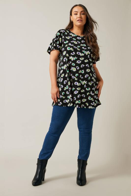 EVANS Plus Size Black Floral Print Angel Sleeve Top | Evans 2