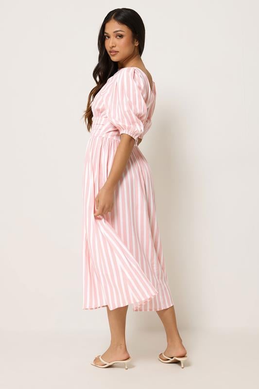 PixieGirl Petite Women's Pink Stripe Puff Sleeve Midi Dress | PixieGirl 2