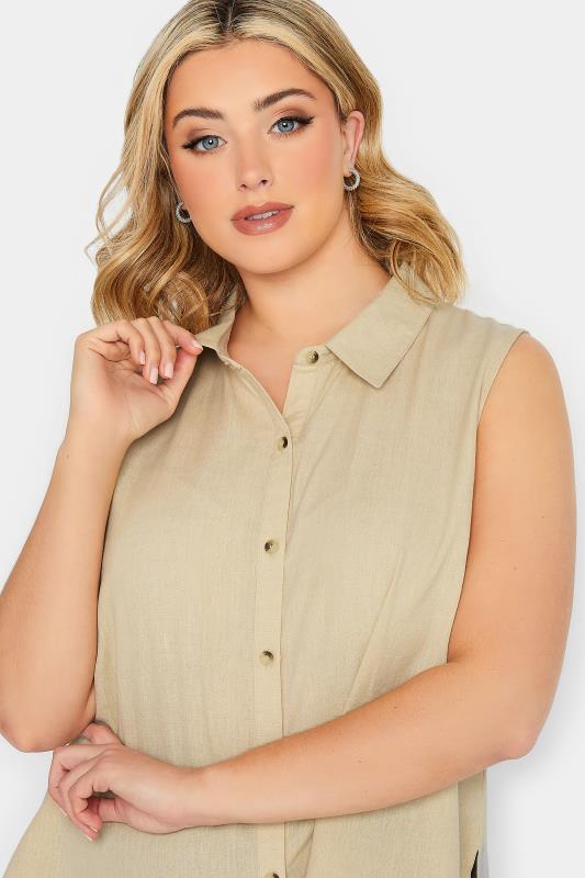 YOURS PETITE Plus Size Stone Brown Linen Blend Sleeveless Shirt | Yours Clothing 4