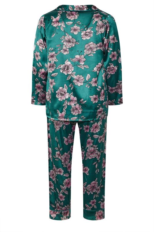 Plus Size Emerald Green Floral Print Satin Pyjama Set | Yours Clothing 6