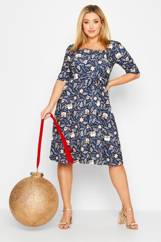 YOURS LONDON Plus Size Navy Blue Gingerbread Print Square Neck Christmas Dress | Yours Clothing 2