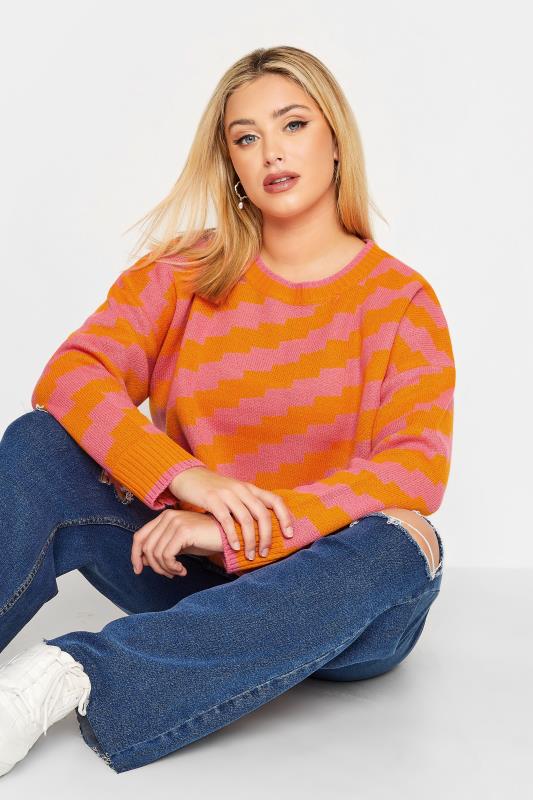 YOURS Plus Size Orange Stripe Jacquard Knit Jumper | Yours Clothing 1