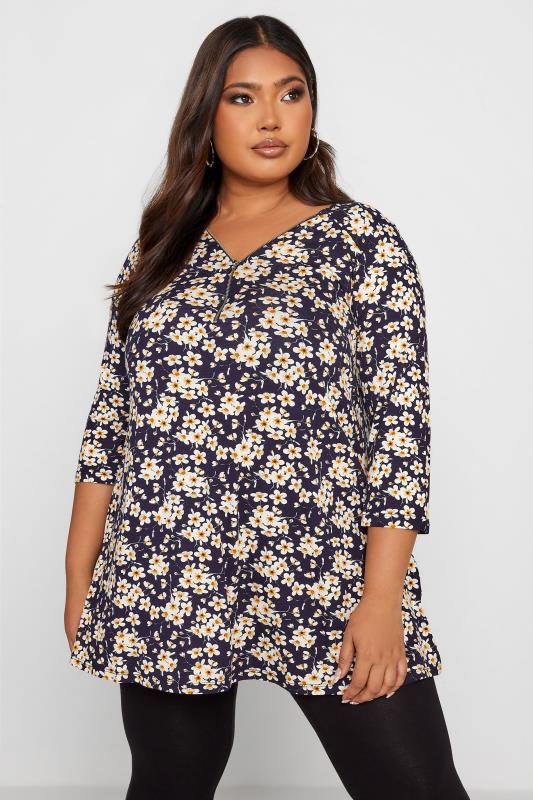  Grande Taille Navy Floral Zip Front Top
