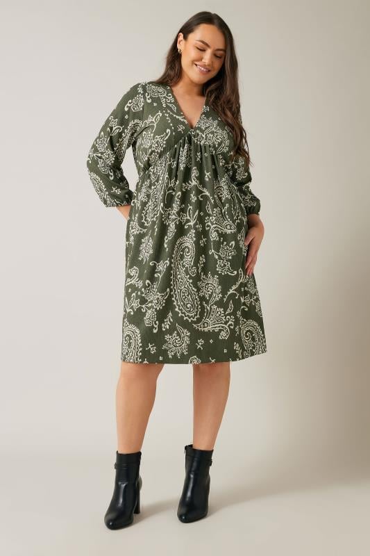 EVANS Plus Size Khaki Green Paisley Print Crepe Midi Dress | Evans 2