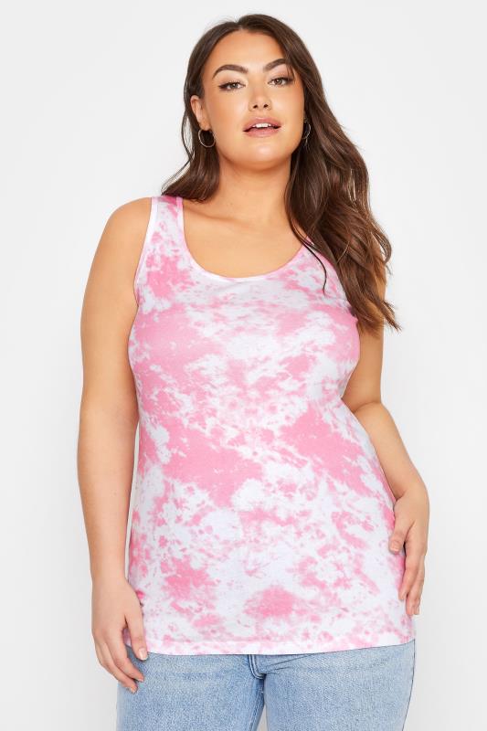 Plus Size Pink Tie Dye Ribbed Vest Top | Yours Clothing  1