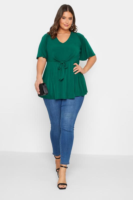 YOURS LONDON Plus Size Green Tie Front Angel Sleeve Top | Yours Clothing 2