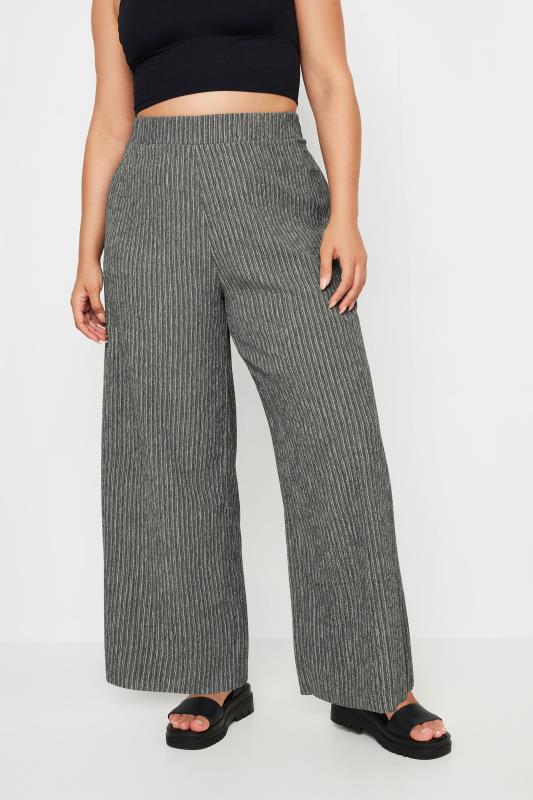 YOURS Plus Size Grey Stripe Print Textured Wide Leg Trousers | Yours Clothing 1