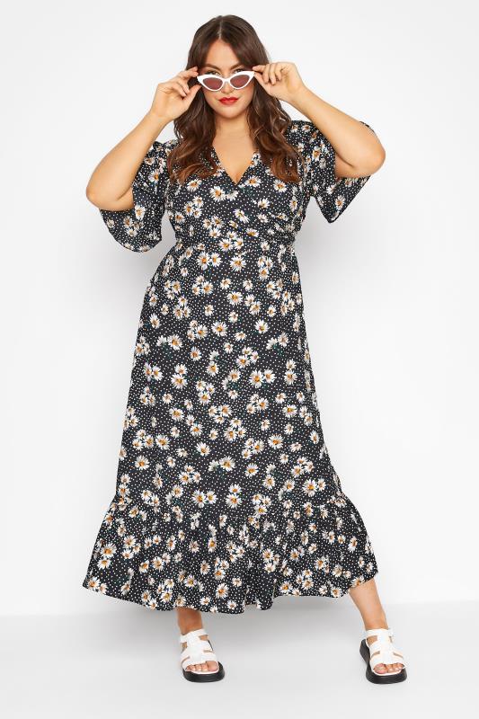 LIMITED COLLECTION Curve Black Daisy Floral Print Wrap Smock Maxi Dress 1