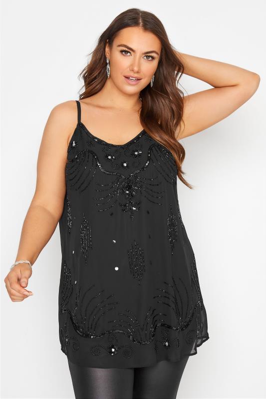 Plus Size  LUXE Curve Black Floral Sequin Hand Embellished Cami Top