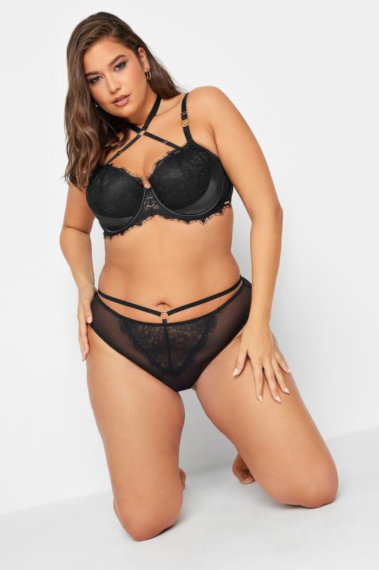 Black Lace Balcony Bra & High Waisted Ring Detail Thong Set