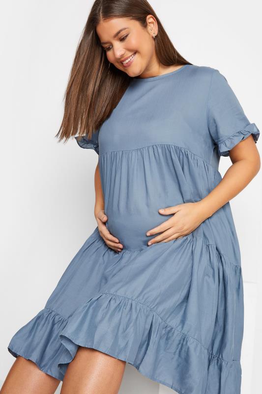 Tall Women's LTS Maternity Blue Tiered Linen Look Smock Dress | Long Tall Sally 4