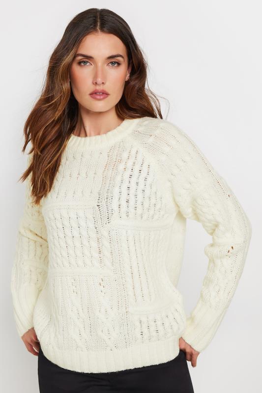 LTS Tall Women's Ivory White Patchwork Cable Knit Jumper | Long Tall Sally 1