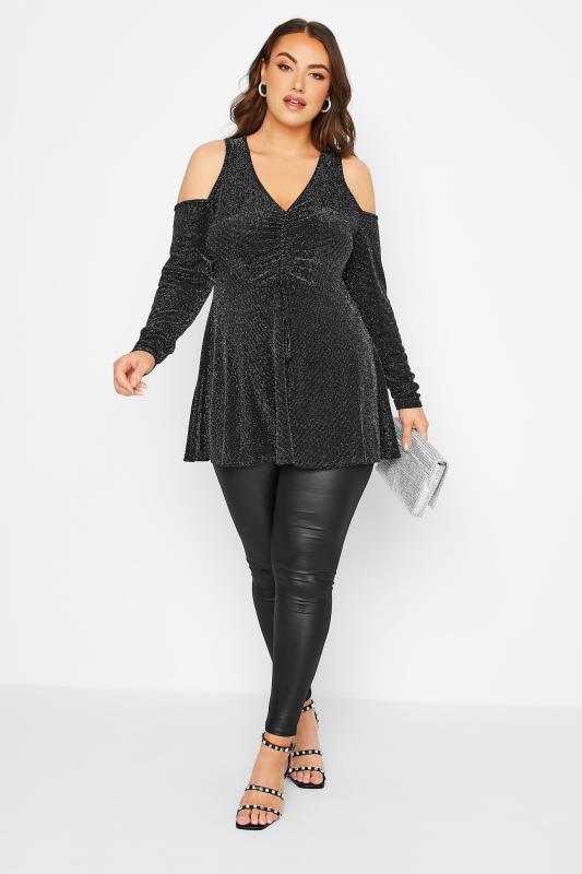 LIMITED COLLECTION Plus Size Black & Silver Glitter Cold Shoulder Top | Yours Clothing 2