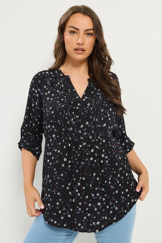 YOURS Plus Size Black Floral Pintuck Top | Yours Clothing 1