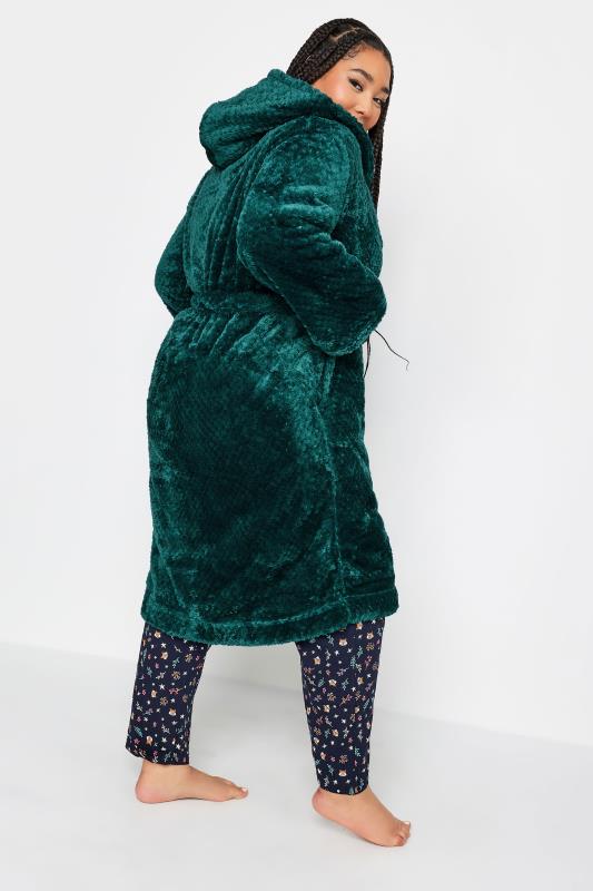YOURS Plus Size Emerald Green Waffle Fleece Hooded Dressing Gown | Yours Clothing 4