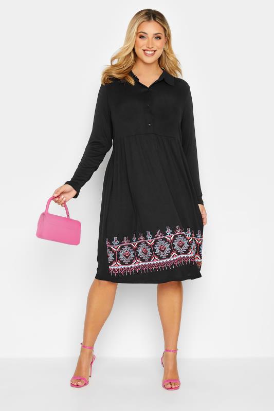 Curve Plus Size Black Aztec Print Midi Shirt Dress | Yours Clothing  2