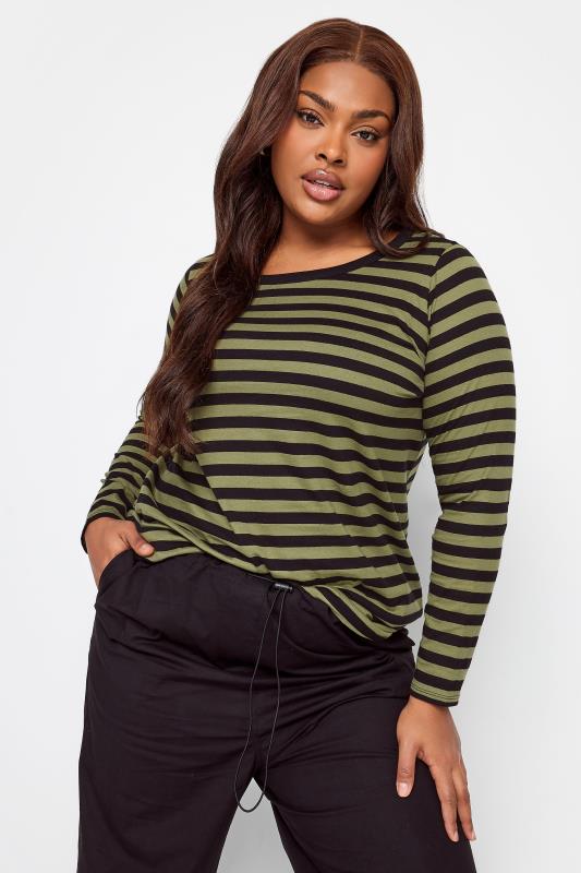 YOURS 2 PACK Plus Size Khaki Green & Beige Stripe Print Long Sleeve T-Shirts | Yours Clothing 6