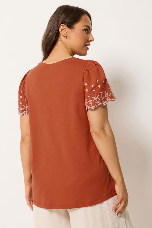 YOURS Plus Size Orange Embroidered Sleeve T-Shirt | Yours Clothing 2