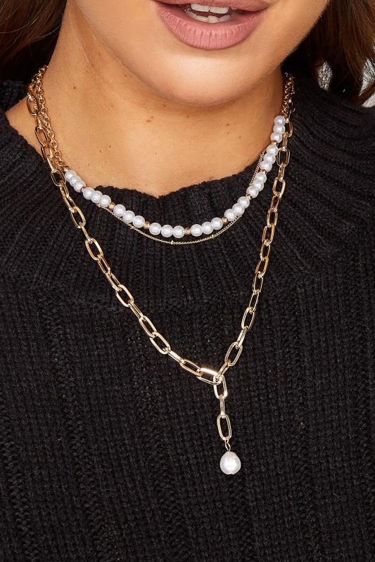 Gold Tone Triple Chain Pearl Necklace | Yours Clothing 1