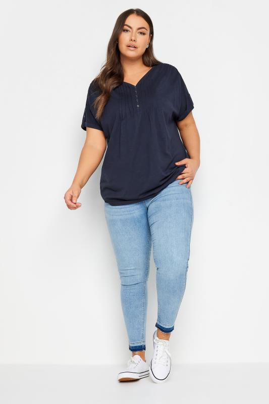 YOURS Plus Size Curve Navy Blue Henley T-Shirt | Yours Clothing  2