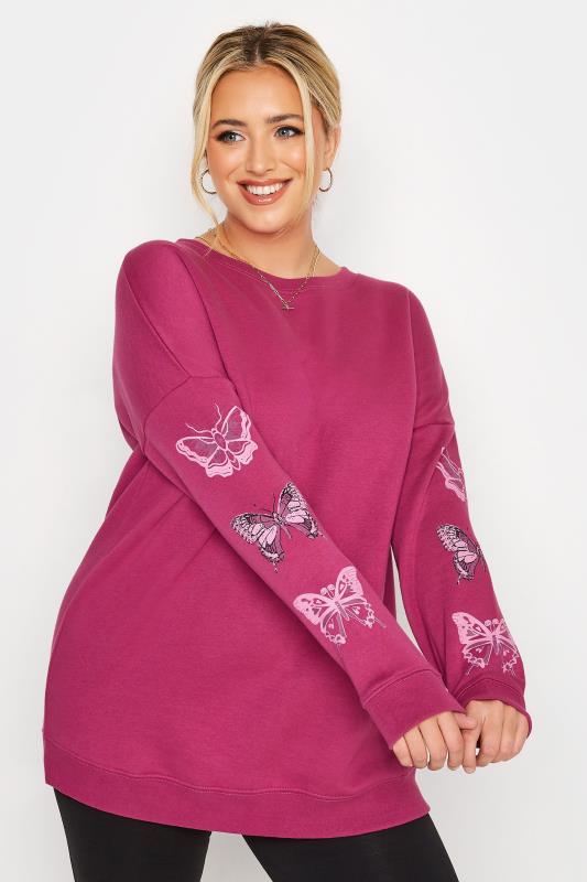 LIMITED COLLECTION Curve Pink Butterfly Sleeve Soft Touch Sweatshirt 1