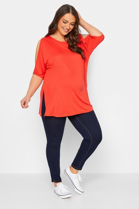 BUMP IT UP MATERNITY Plus Size Orange Cold Shoulder Split Hem Top | Yours Clothing 2