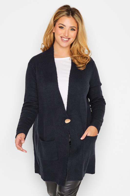 Curve Plus Size Womens Navy Blue Button Detail Knitted Cardigan | Yours Clothing  1
