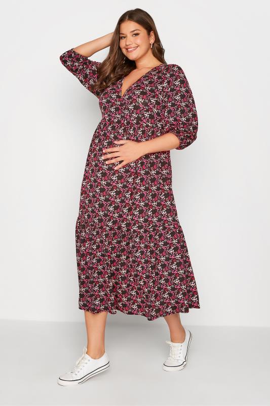 BUMP IT UP MATERNITY Plus Size Black Ditsy Print Tiered Wrap Dress | Yours Clothing  2