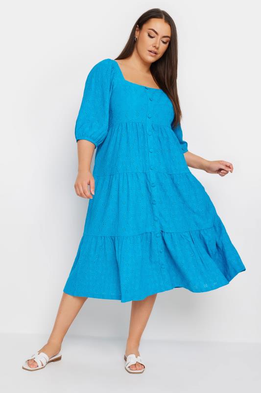 YOURS Plus Size Blue Broderie Anglaise Button Front Dress | Yours Clothing 2
