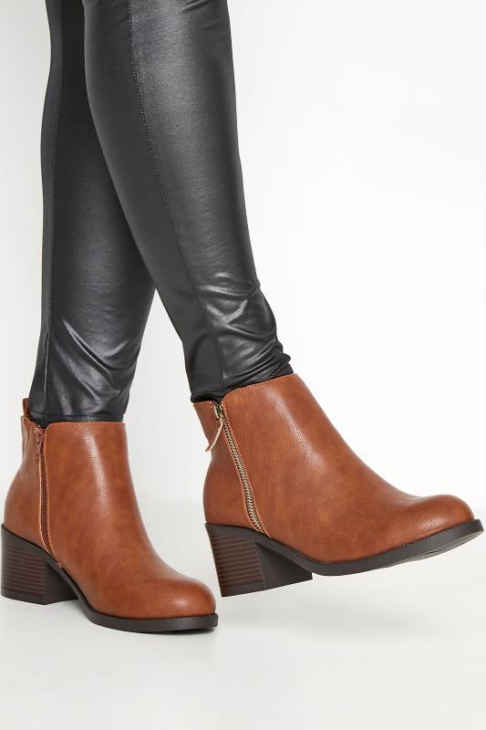 Plus Size Tan Brown Block Heel Zip Boot In Extra Wide Fit | Yours Clothing 1