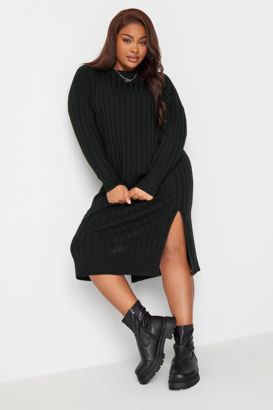 YOURS Curve Black Ribbed Midi Knitted Jumper Dress 2