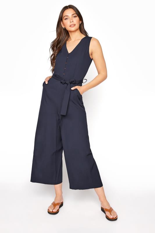 LTS Tall Navy Blue Button Belted Cropped Jumpsuit 1