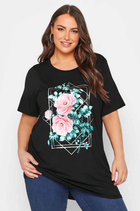 YOURS Curve Plus Size Black Floral Foil Print T-Shirt | Yours Clothing  2