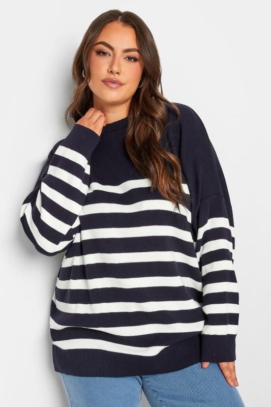 YOURS Plus Size Navy Blue Stripe Jumper | Yours Clothing 1