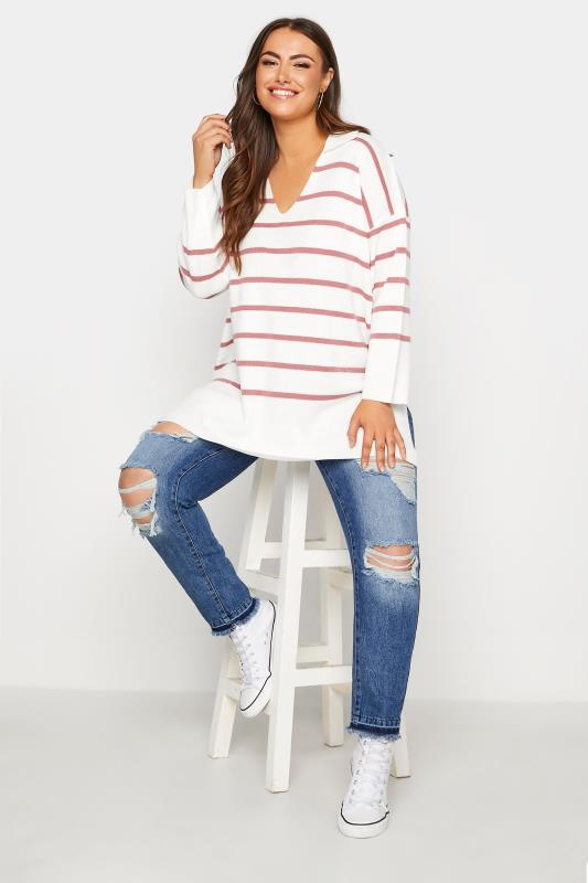 Plus Size Curve White & Pink Stripe Collared Jumper | Yours Clothing 2