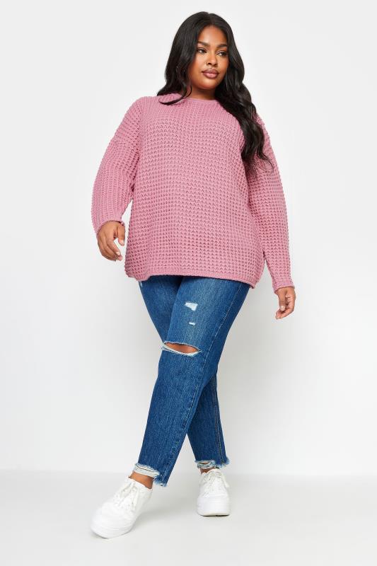 YOURS Plus Size Pink Waffle Knit Jumper | Yours Clothing 3