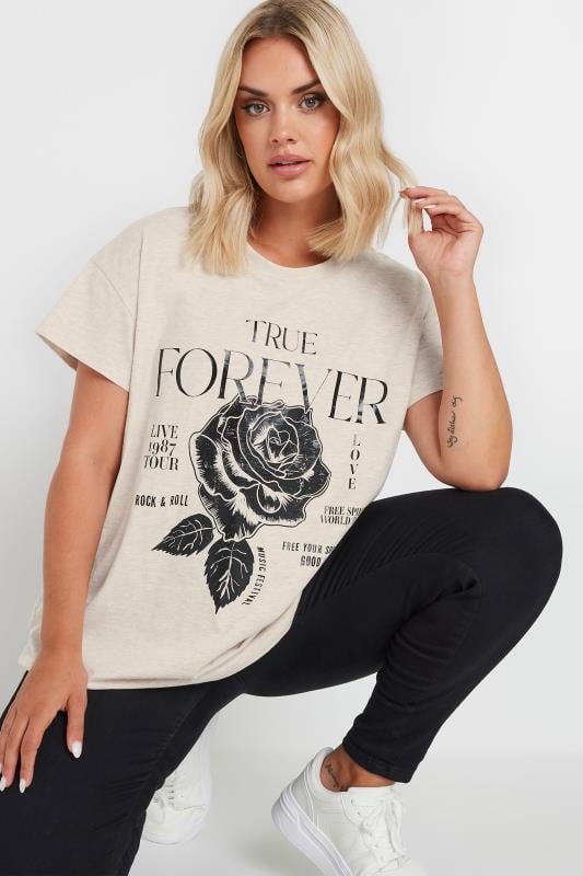 YOURS Plus Size Natural Brown 'True Forever' Slogan Top | Yours Clothing 1