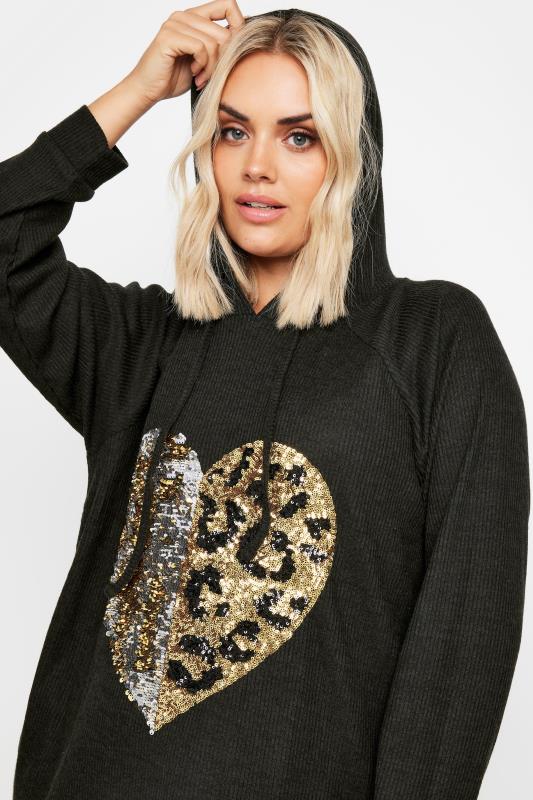 YOURS Plus Size Black Sequin Embellished Heart Hoodie Dress | Yours Clothing  4