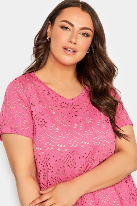 YOURS Curve Plus Size 2 PACK White & Pink Broderie Anglaise Swing V-Neck T-Shirt | Yours Clothing  5